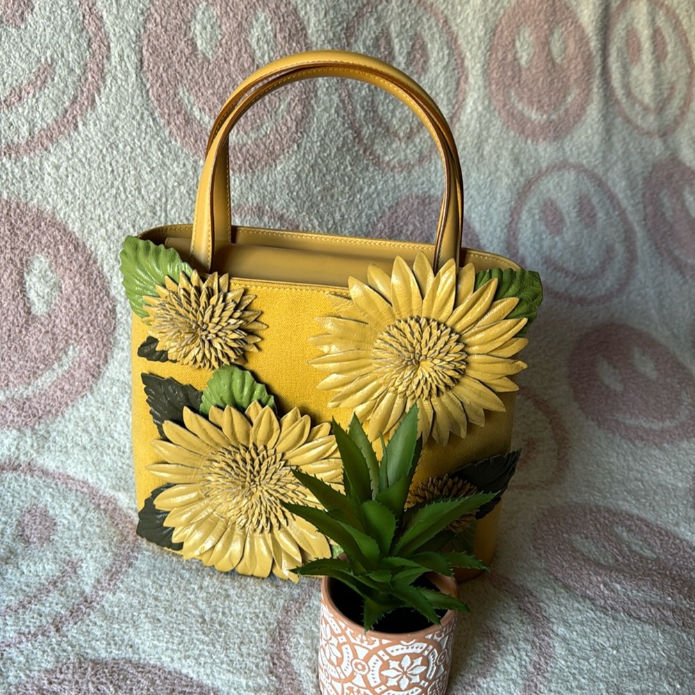 Salvatore Ferragamo Yellow Sunflower Appliqué Leather Tote